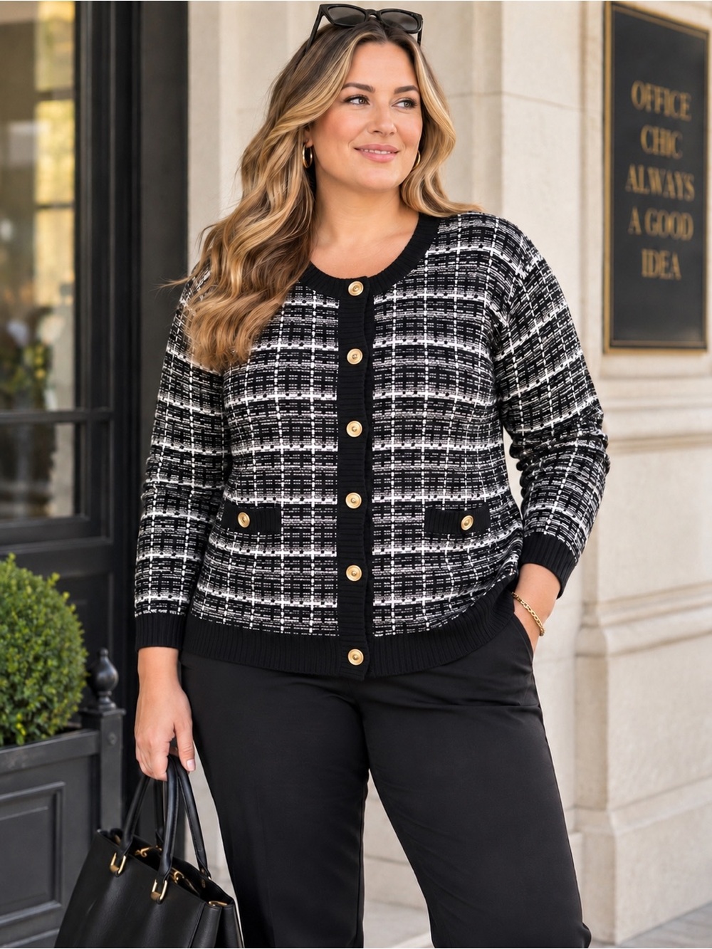 J.CREW Black White Tweed Plaid Cardigan Sweater Gold Buttons Plus Size 2X